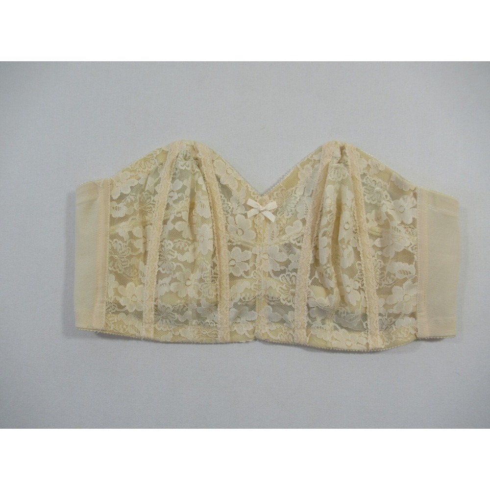 Vintage 90s Woman Within Longline Strapless Bra 42B Beige Unlined Lace USA Union